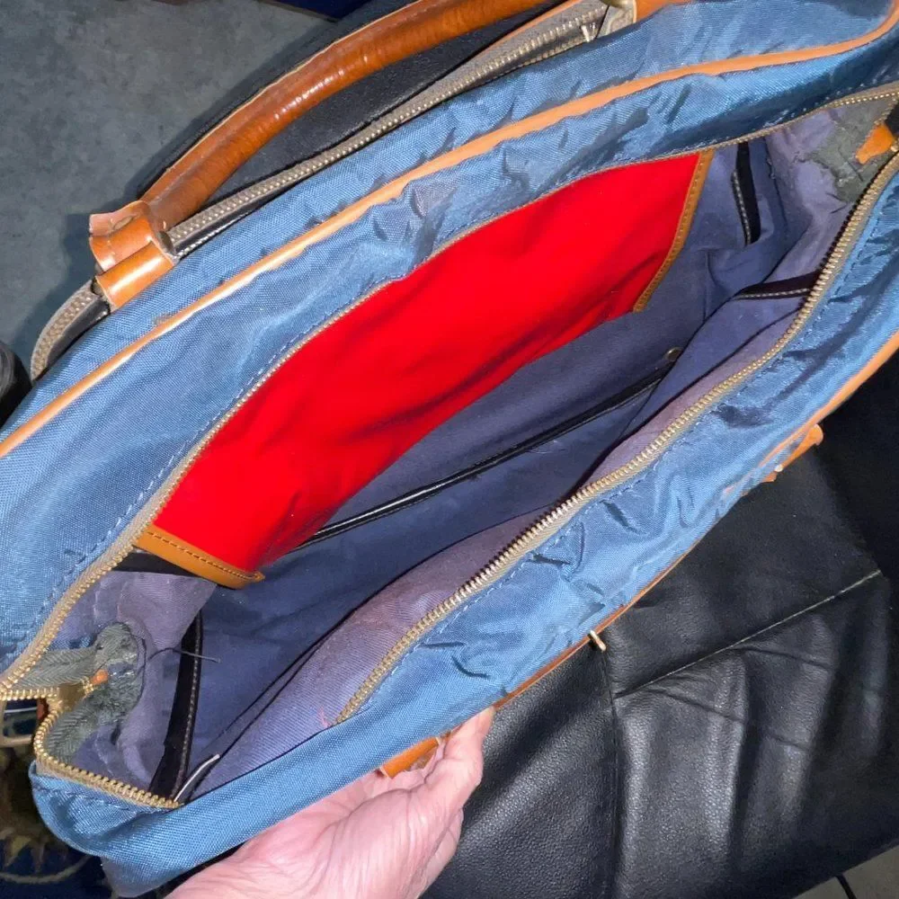 Vintage Overnight Bag canvas with leather trim navy and leather 17” x 11”